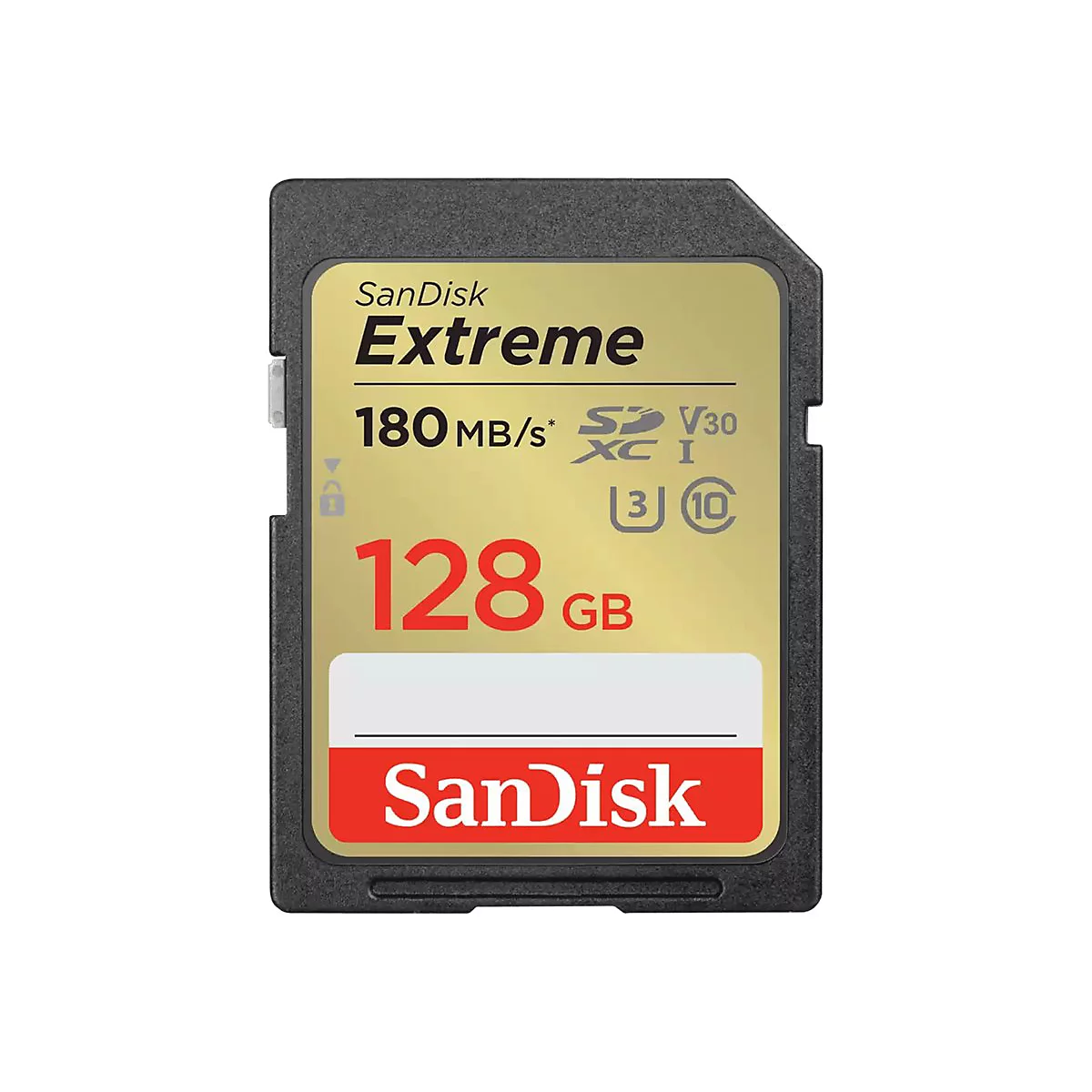 Eine schwarze SanDisk Extreme SD-Karte mit roter Aufschrift. Kapazität 128 GB, 180 MB/s.