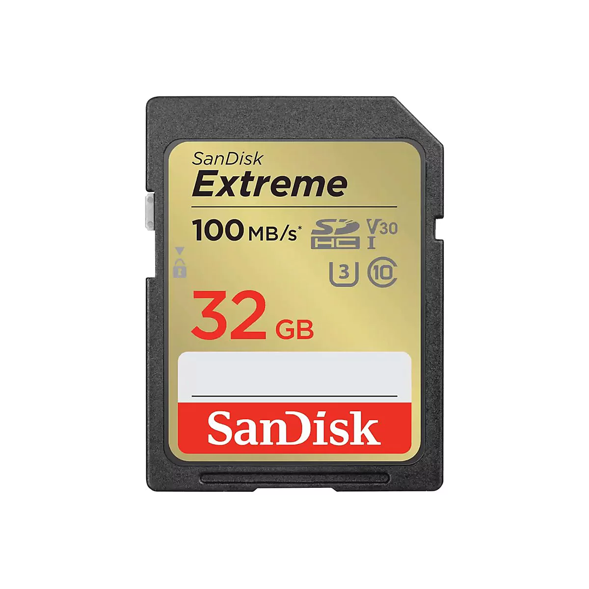 SanDisk Extreme SD-Karte. Schwarze Karte mit goldenem Aufkleber, Aufschrift 'Extreme', '100 MB/s', '32 GB', 'SanDisk'.