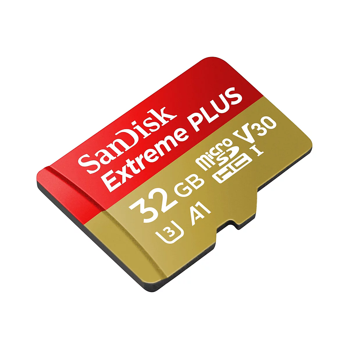Nahaufnahme einer MicroSD-Karte. Oben rot mit weißer Schrift, darunter goldfarben mit Aufdruck, 32 GB, V30, A1, microSD-Logo.