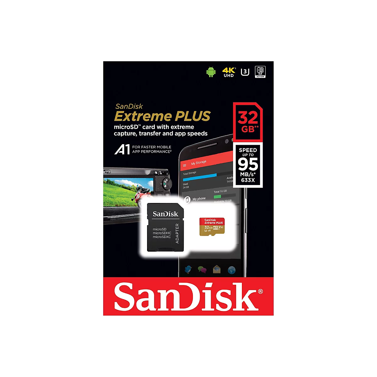 SanDisk Extreme PLUS - Flash-Speicherkarte (microSDHC/SD-Adapter inbegriffen) - 32 GB - A1 / Video Class V30 / UHS-I U3 - microSDHC UHS-I