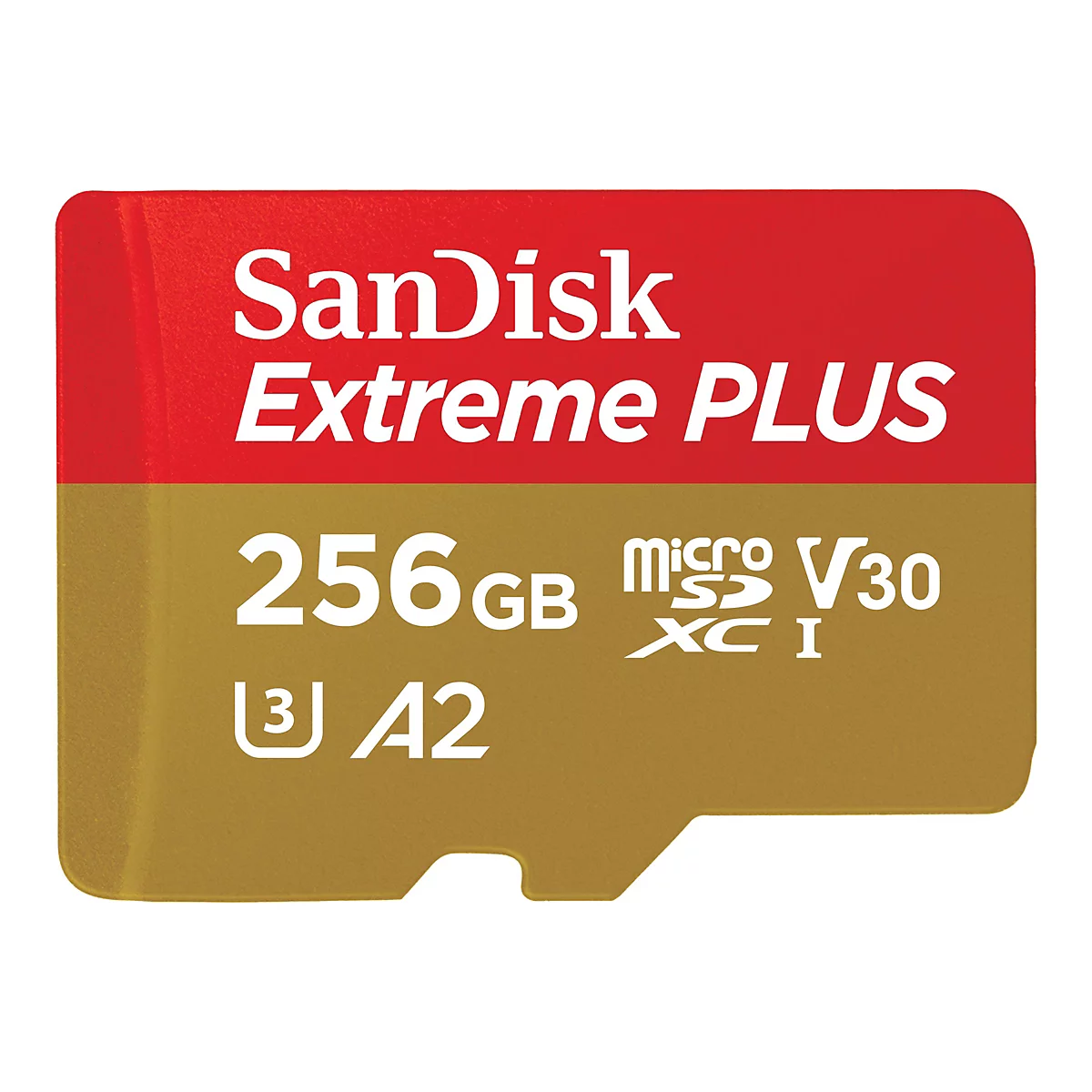 Nahaufnahme einer microSD-Karte von SanDisk Extreme PLUS. Die Karte hat einen roten und goldenen Hintergrund mit weißer Schrift.