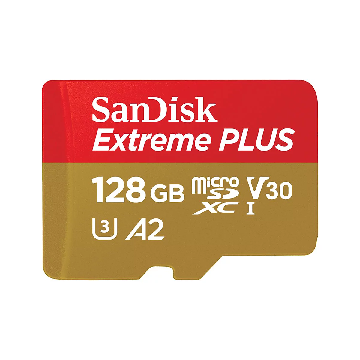 SanDisk Extreme PLUS 128GB microSDXC. Rot-goldene Speicherkarte mit weißem Schriftzug.