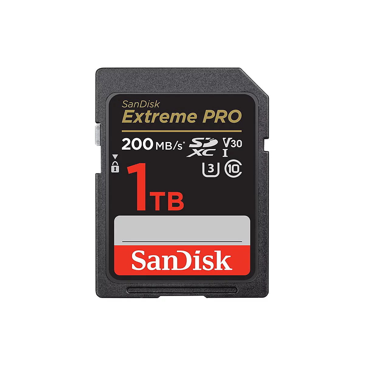 Carte SD SanDisk Extreme Pro noire, 1 To, avec lettrage blanc.