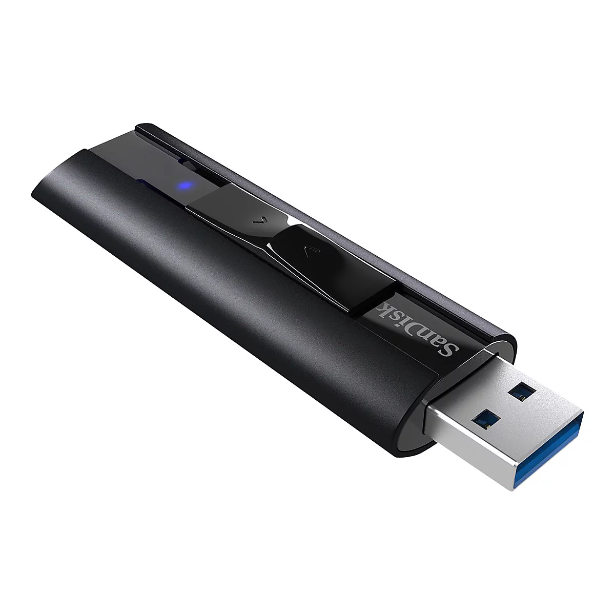 Clé USB noire SanDisk avec lumière bleue. La prise est argentée. La clé USB a une forme oblongue.