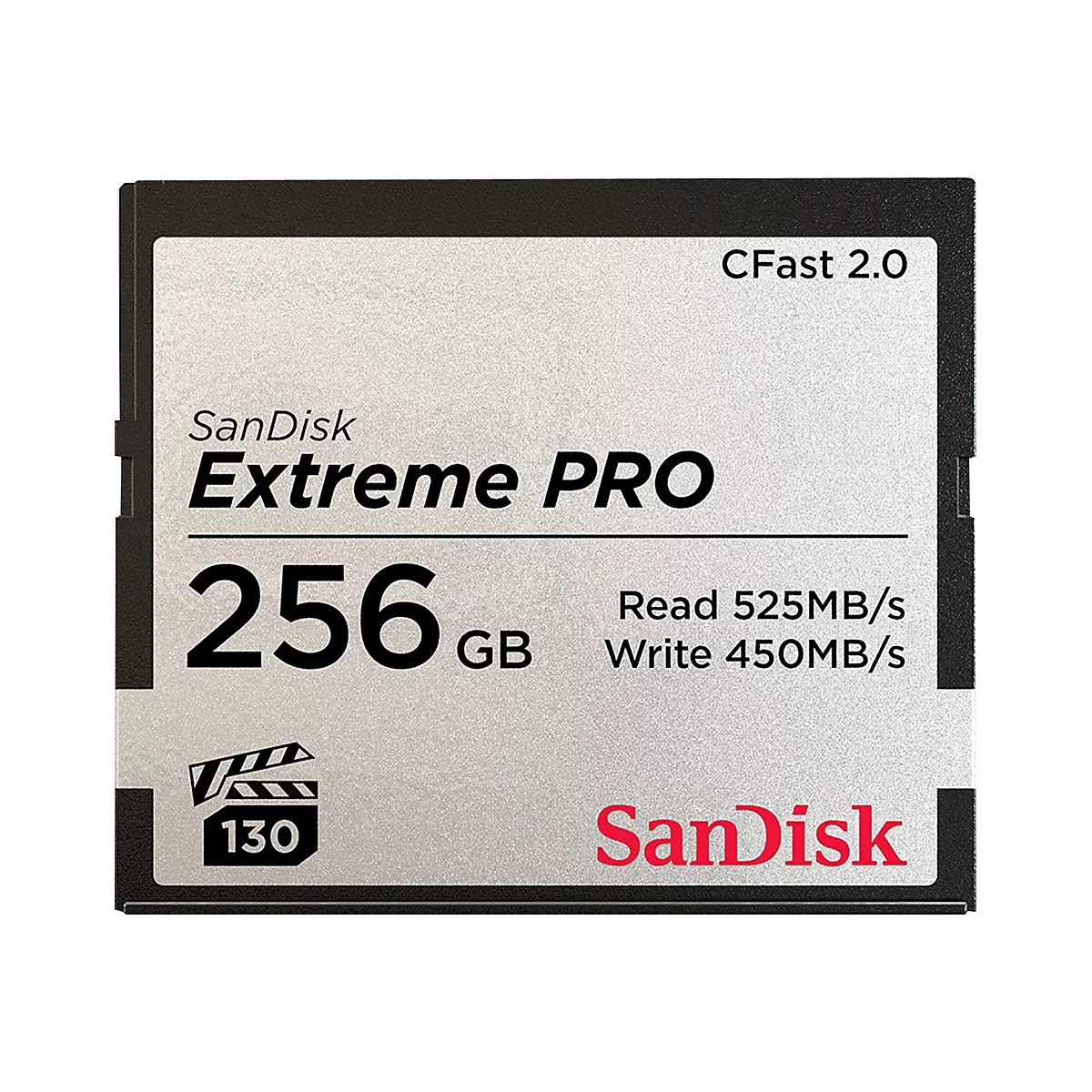Carte mémoire SanDisk Extreme Pro CFast 2.0. 256 Go, vitesse de lecture 525 Mo/s, vitesse d'écriture 450 Mo/s. Boîtier noir avec surface argentée.