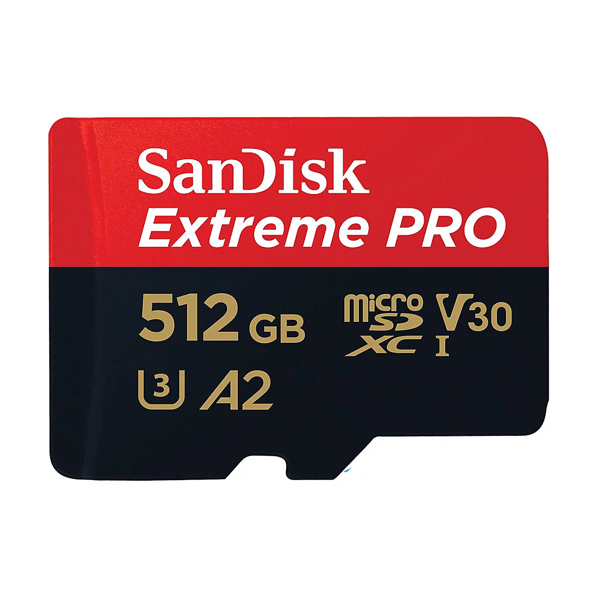Carte SD SanDisk Extreme PRO avec une capacité de 512 Go. Lettrage noir, rouge et or sur fond blanc.