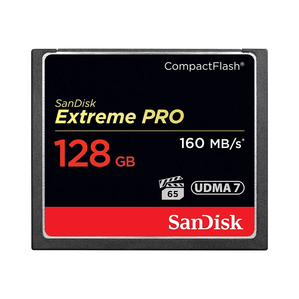 Une carte CompactFlash noire avec du texte rouge et jaune. La carte indique "SanDisk Extreme PRO 128 Go 160 Mo/s".