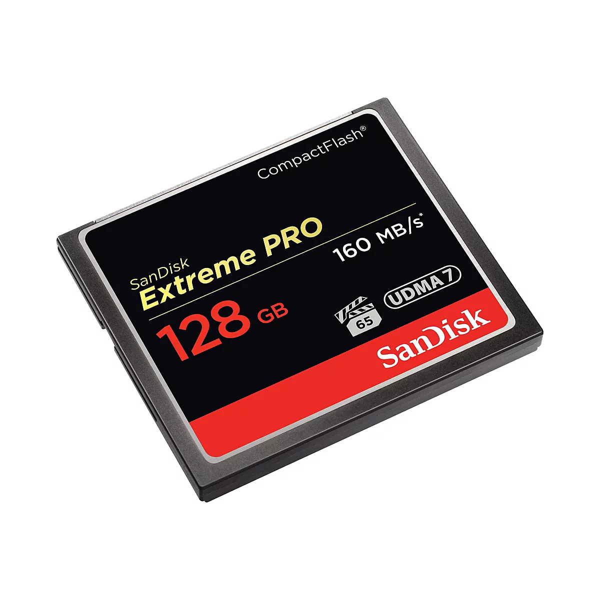 Une carte mémoire CompactFlash noire avec les inscriptions "SanDisk Extreme PRO 128 Go 160 Mo/s" et une bande rouge.
