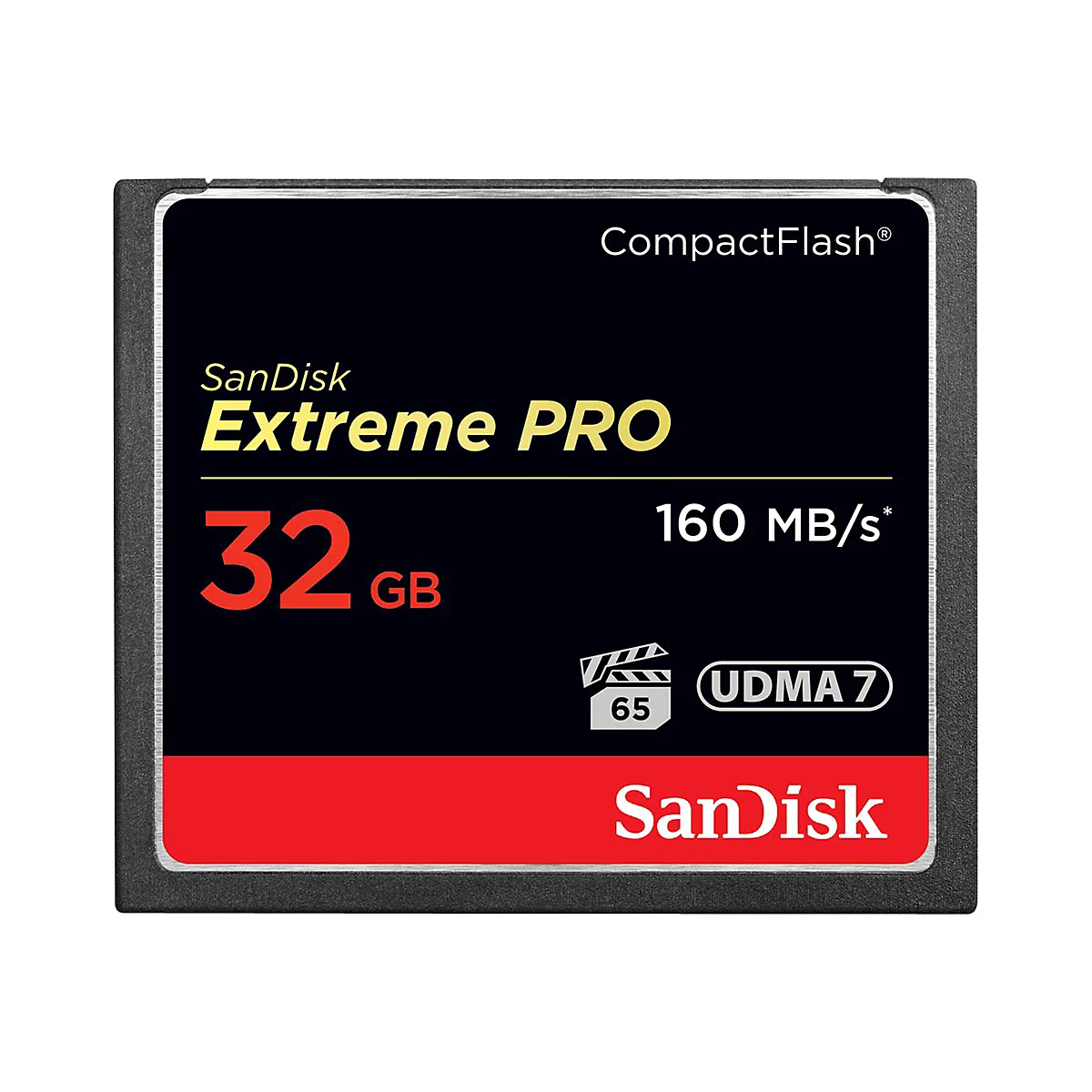 Carte CompactFlash noire avec texte rouge et jaune. Inscription : SanDisk Extreme PRO 32 Go, 160 Mo/s, UDMA 7.