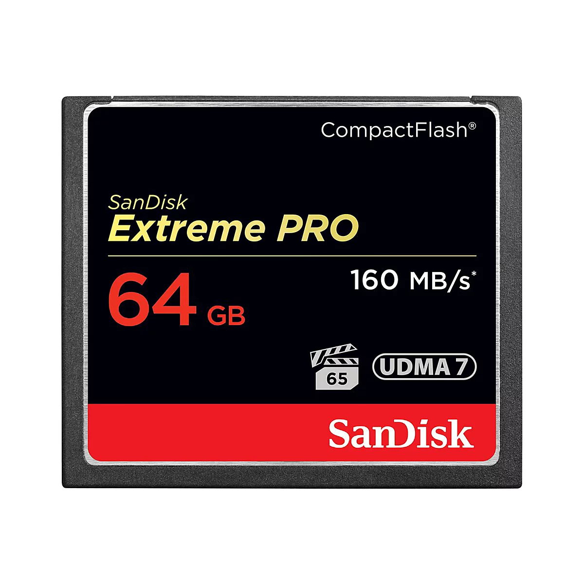 Carte CompactFlash noire avec lettrage rouge et noir. La carte présente le logo Extreme Pro et des informations sur la capacité et la vitesse.