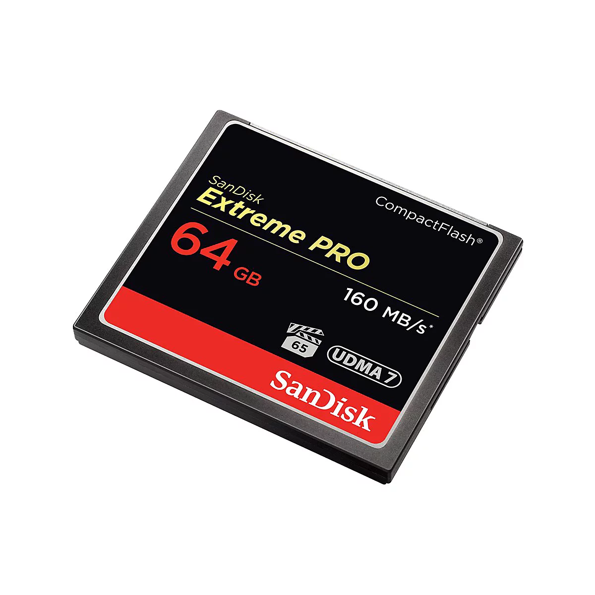 Carte CompactFlash SanDisk Extreme Pro. Noir avec étiquette rouge, 64 Go, 160 Mo/s. Logo SanDisk en bas.