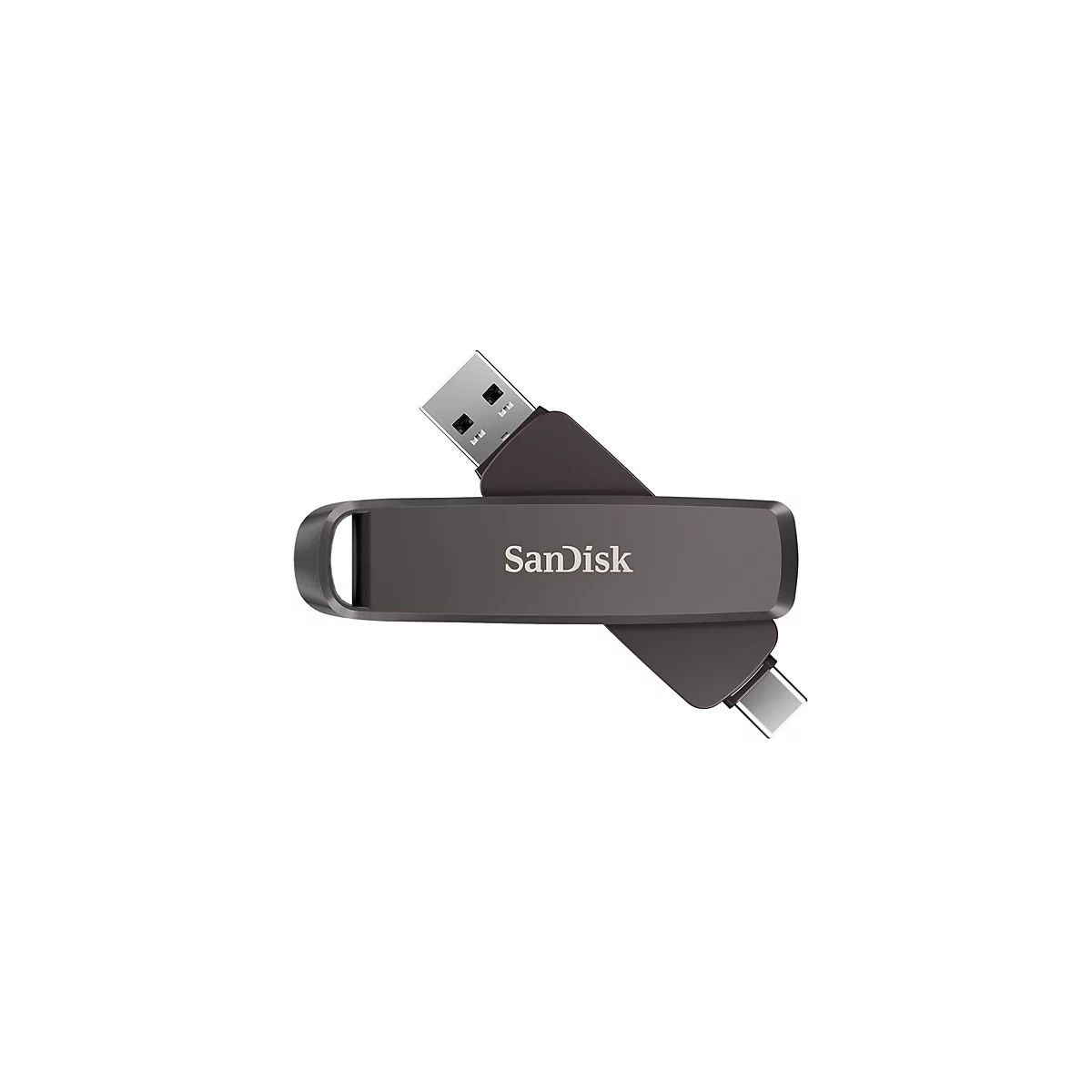 Dunkelgrauer USB-Stick mit USB-A- und USB-C-Anschlüssen. Der Schriftzug Sandisk ist mittig zu sehen.