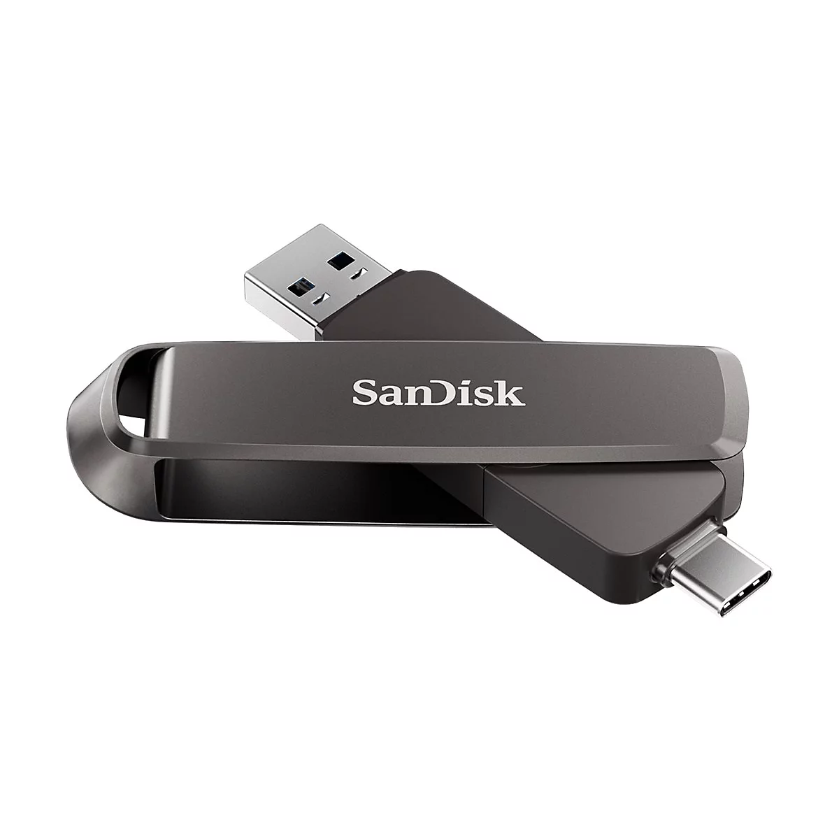 Dunkelgrauer USB-Stick mit USB-A- und USB-C-Anschlüssen. Der Schriftzug SanDisk ist auf dem Stick deutlich zu sehen.