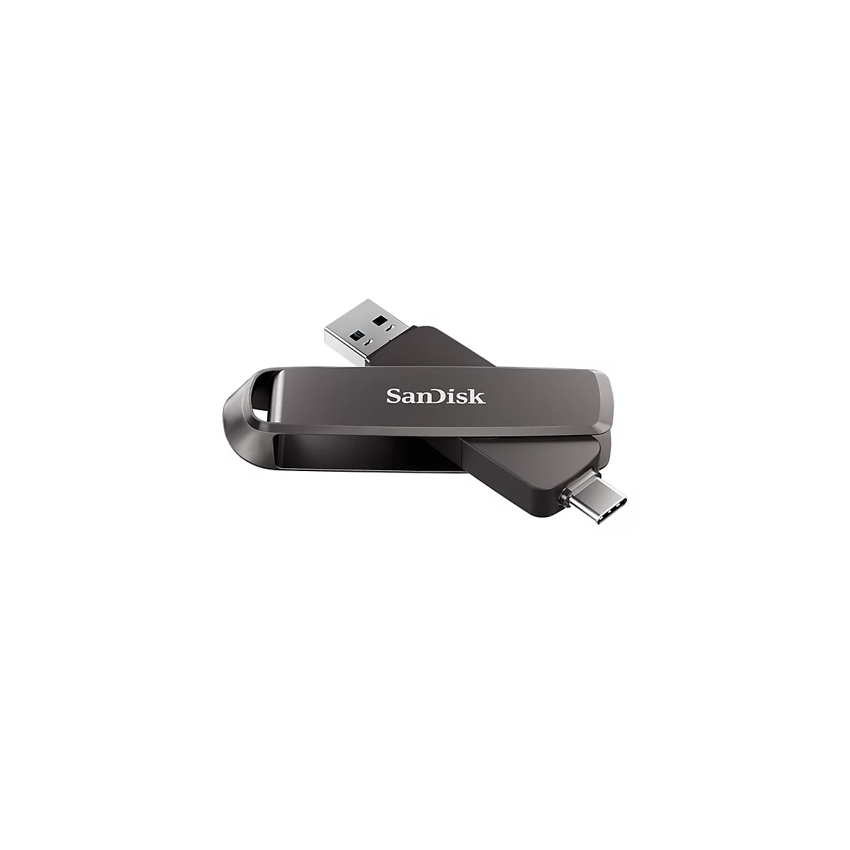 Ein grauer SanDisk USB-Stick mit USB-A- und USB-C-Anschlüssen, auf weißem Grund.