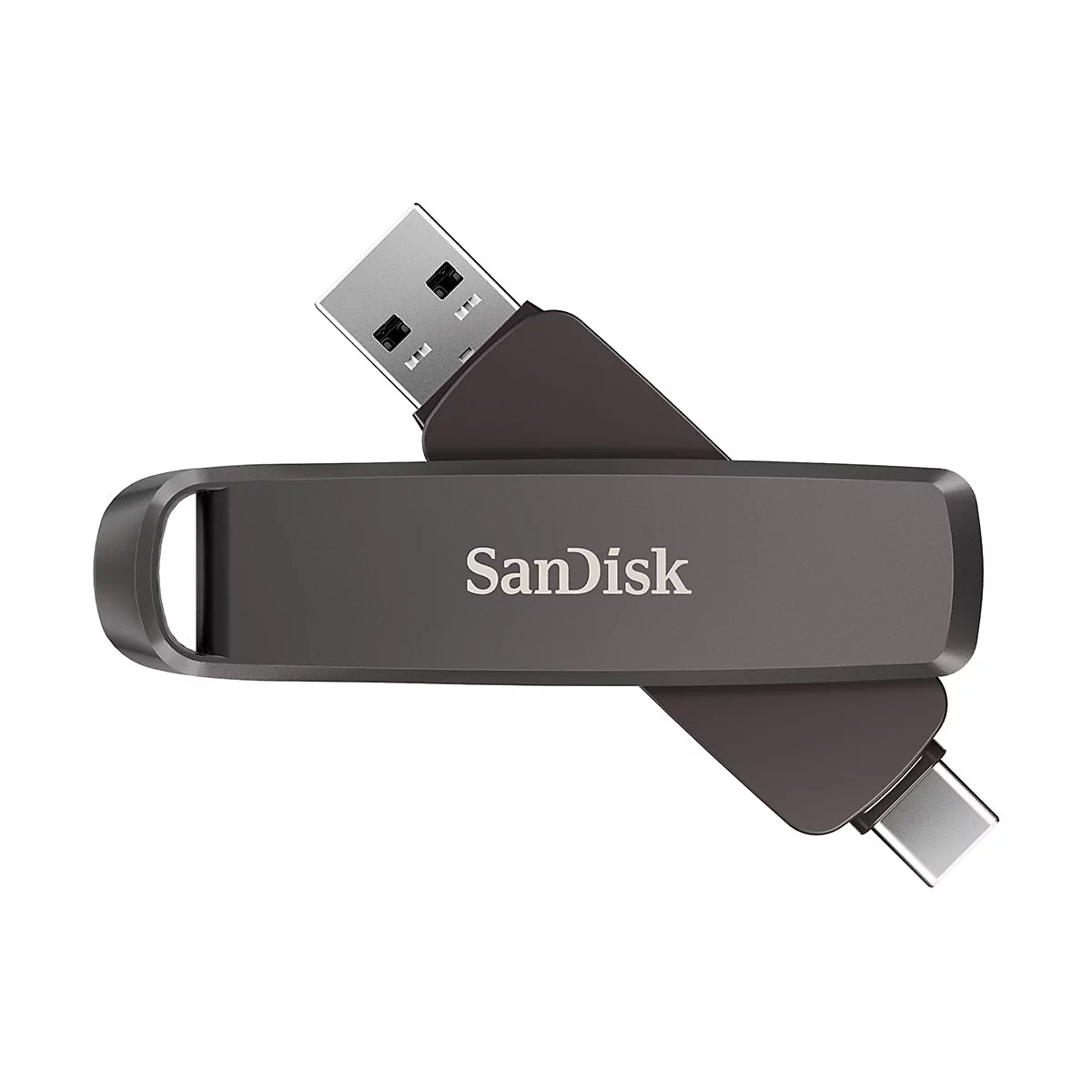 Clé USB gris foncé avec le logo Sandisk. Connecteur USB-A et USB-C.