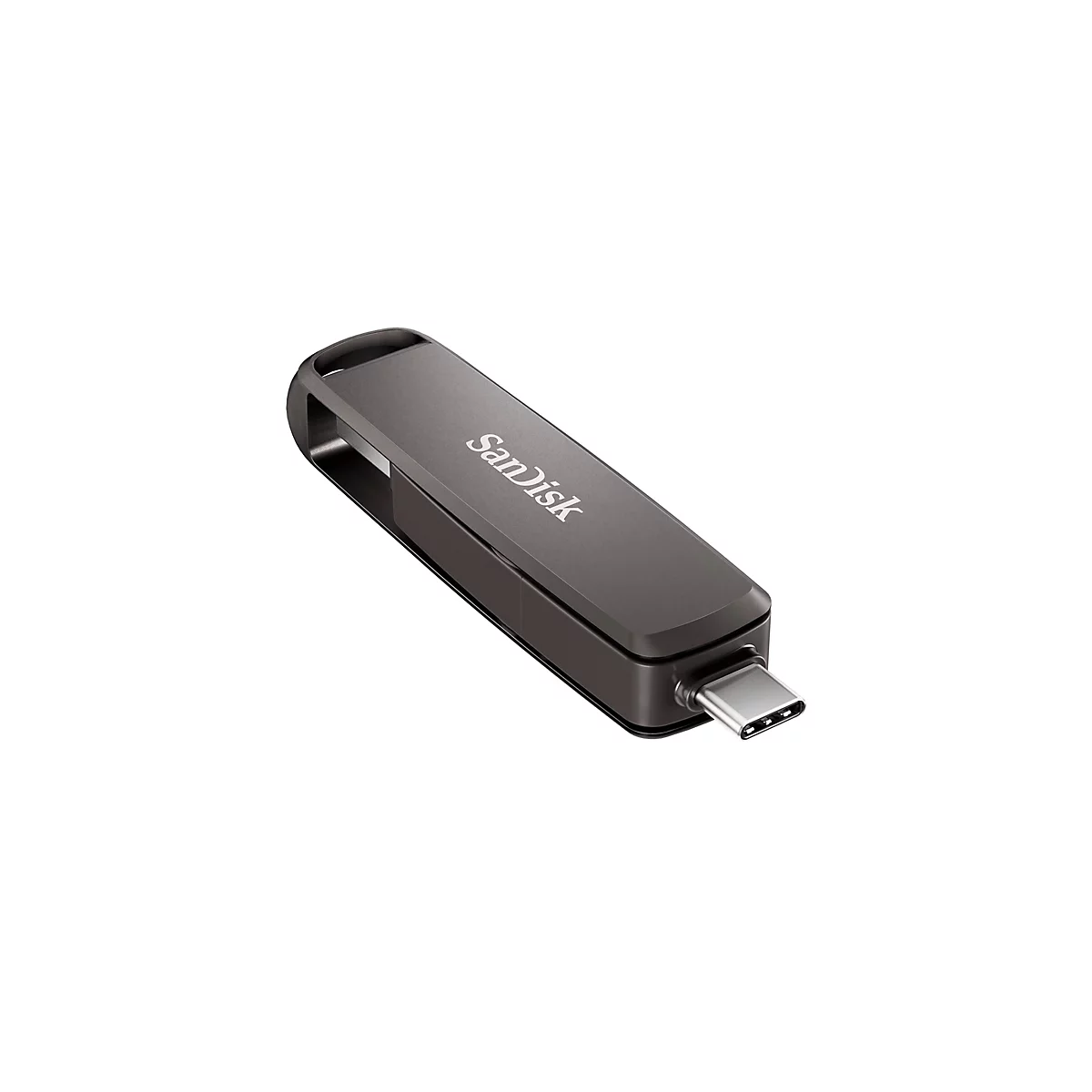 Une clé USB-C grise SanDisk, en diagonale de en haut à gauche à en bas à droite sur fond blanc.