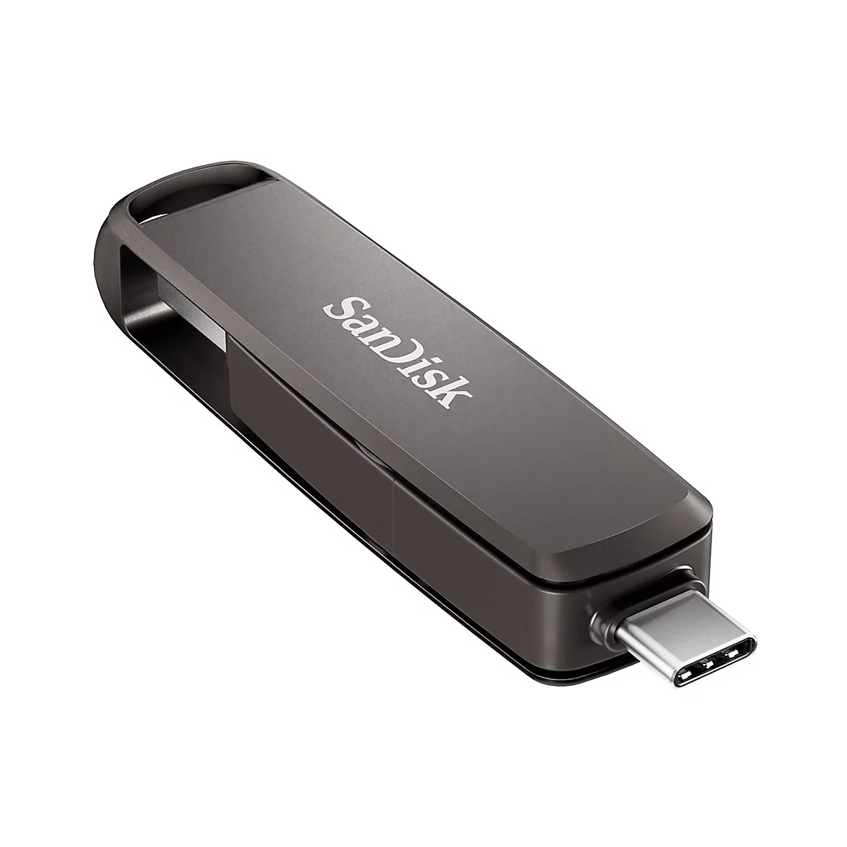 Une clé USB-C grise SanDisk sur fond blanc.