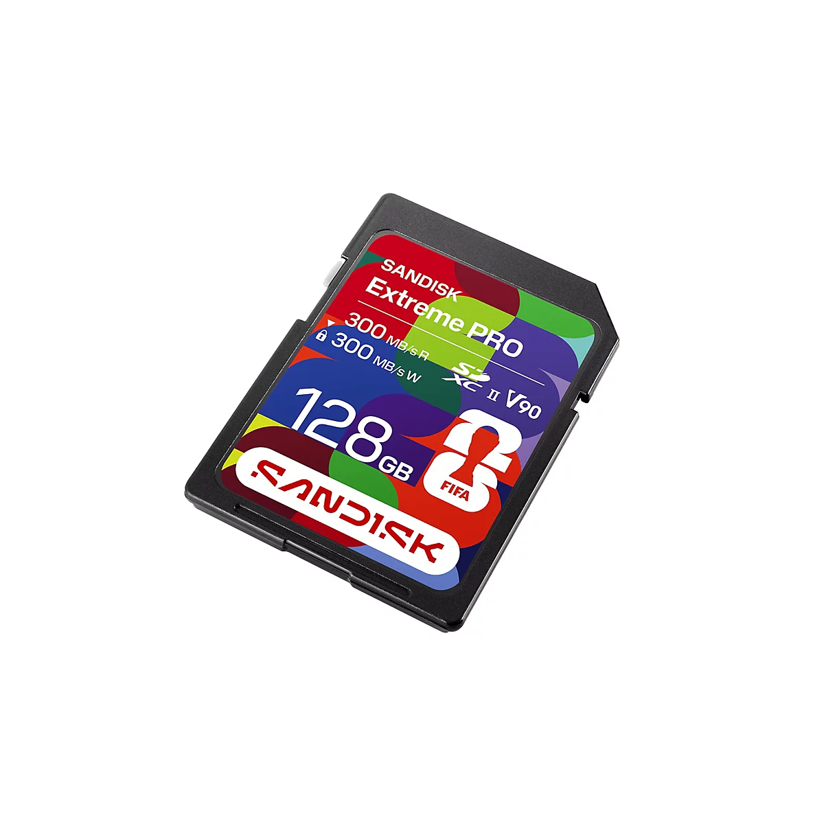 Schwarze SD-Karte mit farbenfrohen Aufdrucken, "SANDISK Extreme PRO".