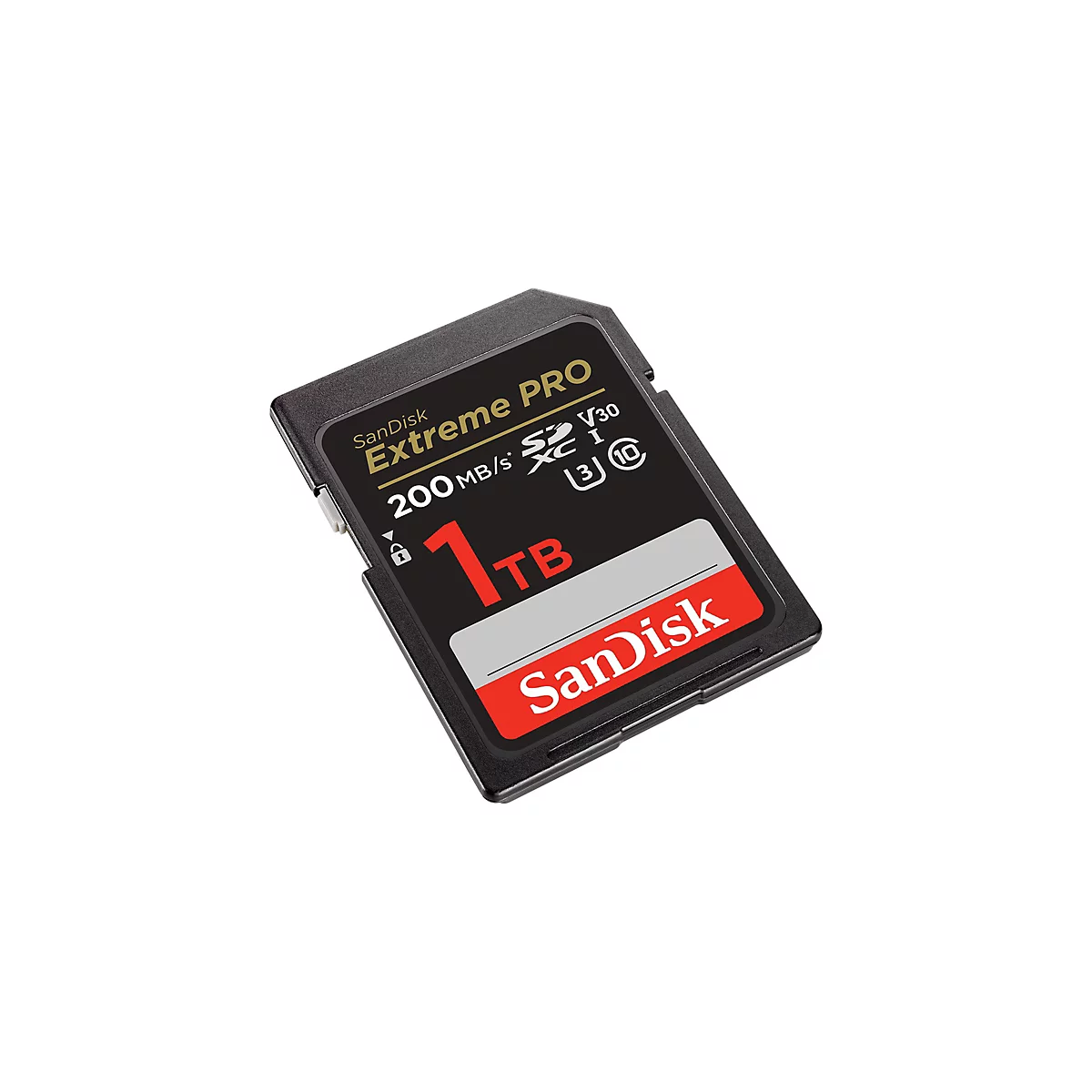 Schwarze Sandisk Extreme Pro SD-Karte, 1 TB, Text: 200MB/s, V30, XC I, 3, 10, und Sandisk-Logo auf rotem Grund.