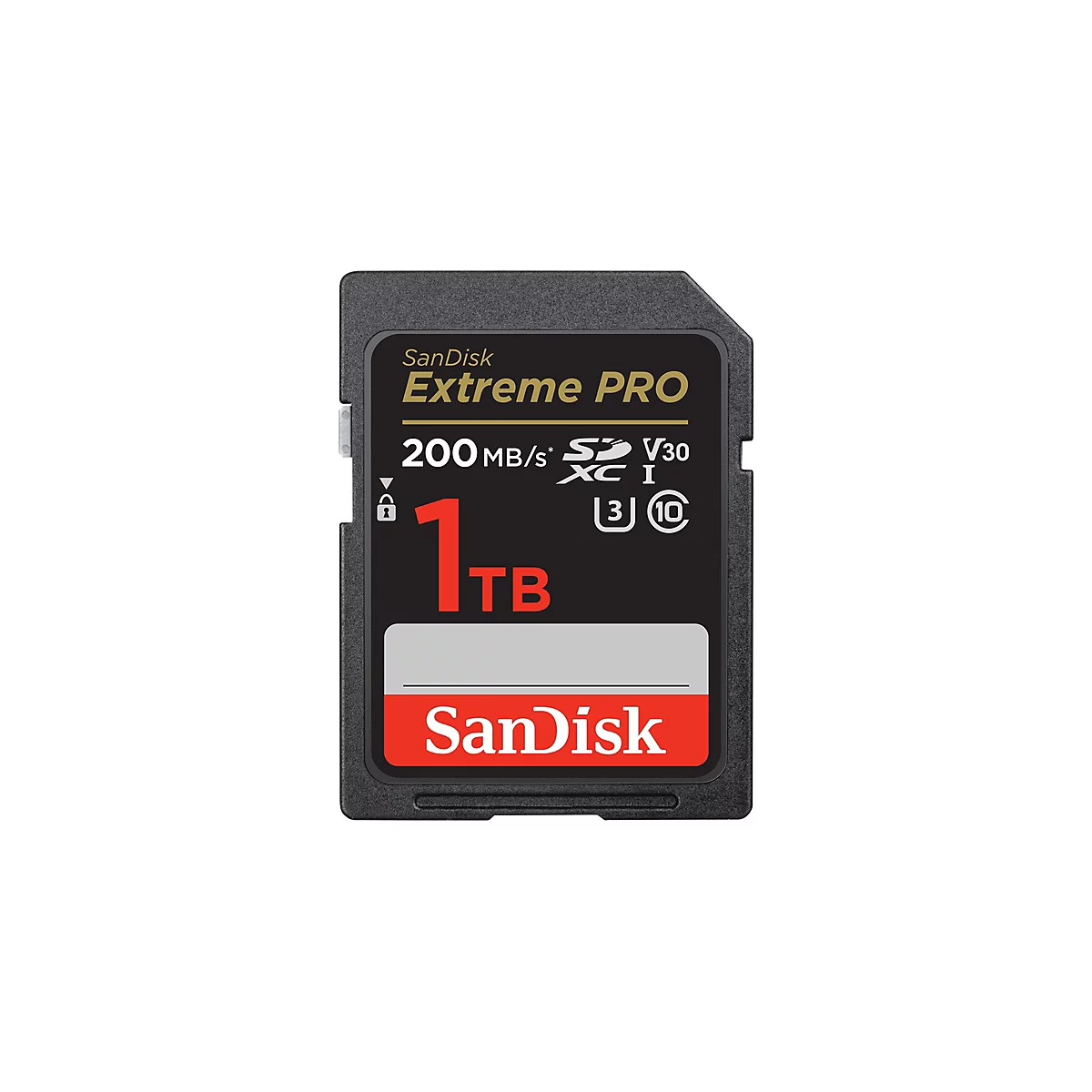 Schwarze SD-Karte mit roter und weißer Aufschrift: SanDisk Extreme PRO 1 TB.