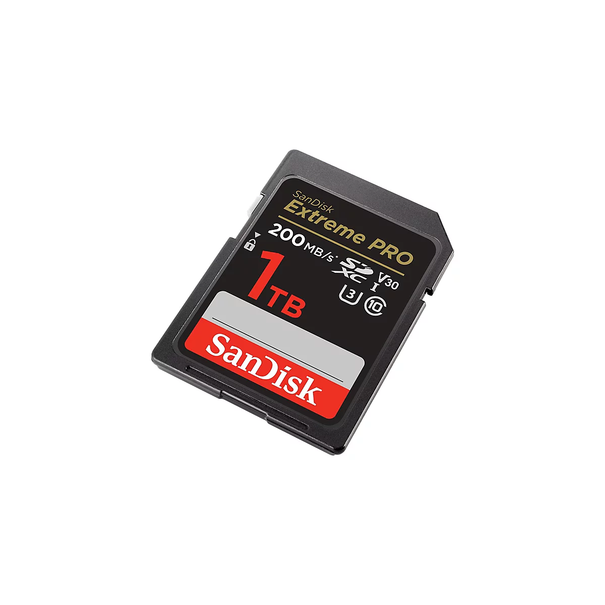 Eine SD-Karte von SanDisk Extreme PRO, 1 TB. Aufschrift: 200 MB/s.