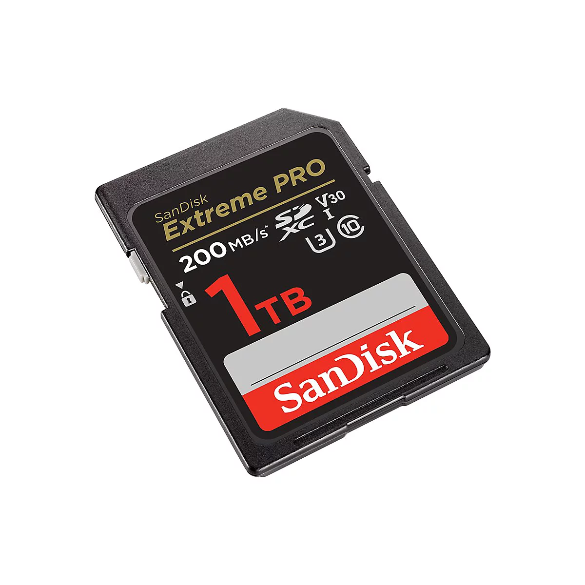 Schwarze Sandisk Extreme Pro SD-Karte, 1 TB Kapazität. Text: 200MB/s, V30, 10, Sandisk. Roter Schriftzug: Sandisk.