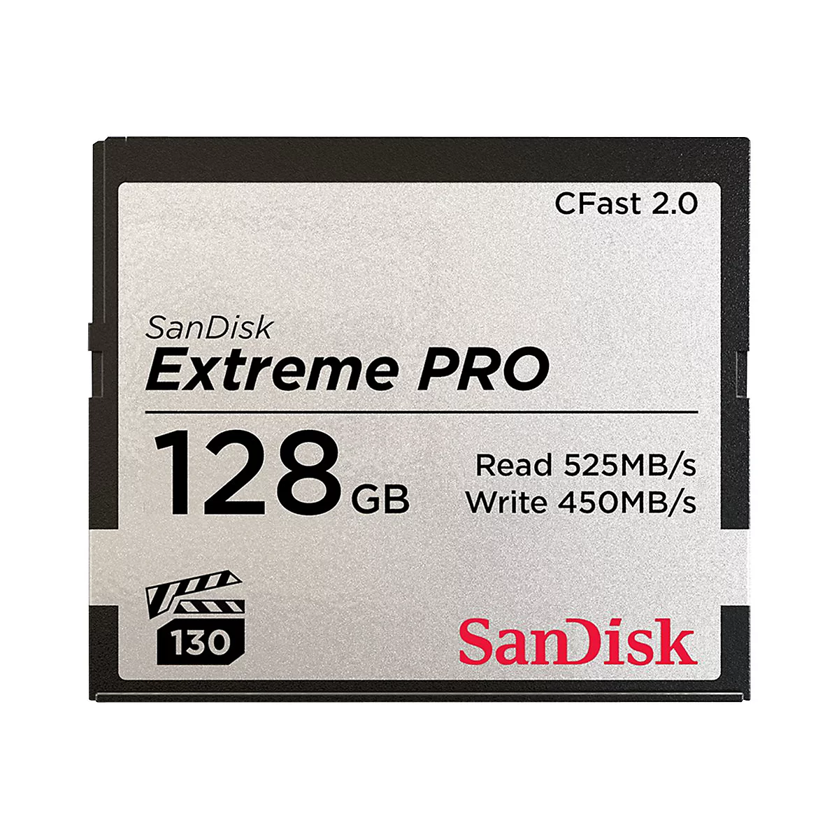 CFast-Speicherkarte von Sandisk Extreme Pro. Schwarz, silberne Schrift, 128 GB, 525 MB/s lesen, 450 MB/s schreiben.