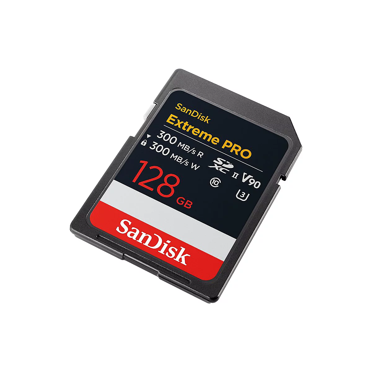 SD-Karte von SanDisk Extreme PRO, 128 GB. Aufschrift: 300 MB/s R, 300 MB/s W.