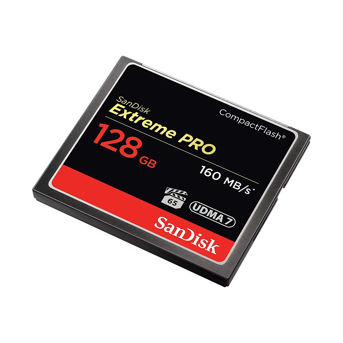 Eine SanDisk Extreme PRO CompactFlash-Karte. Schwarz, rot und gelb. Aufschrift: 128 GB, 160 MB/s, UDMA 7.