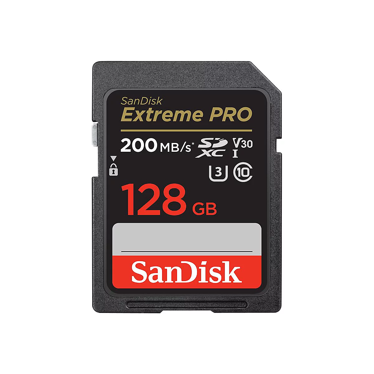 Schwarze Sandisk Extreme Pro SD-Karte. Beschriftung: 128 GB, 200 MB/s, SanDisk Logo. Details der Karte sind gut erkennbar.