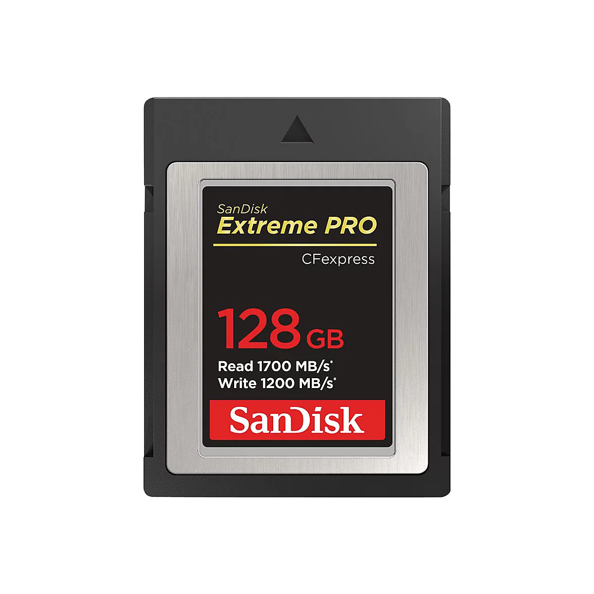 SanDisk Extreme Pro CFexpress Speicherkarte, 128 GB. Aufschrift: Read 1700 MB/s, Write 1200 MB/s.
