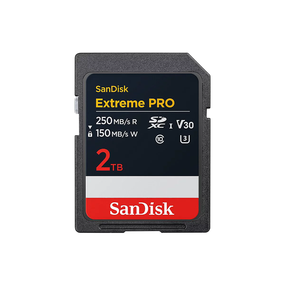 Eine schwarze SD-Karte mit weißem und gelbem Text. Aufschrift: SanDisk, Extreme Pro, 2 TB.
