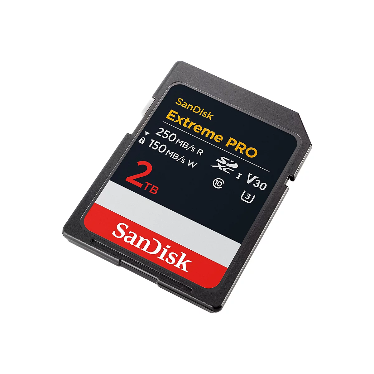 Eine schwarze SanDisk Extreme PRO SD-Karte. Auf der Karte stehen Angaben zur Speicherkapazität und Geschwindigkeit.