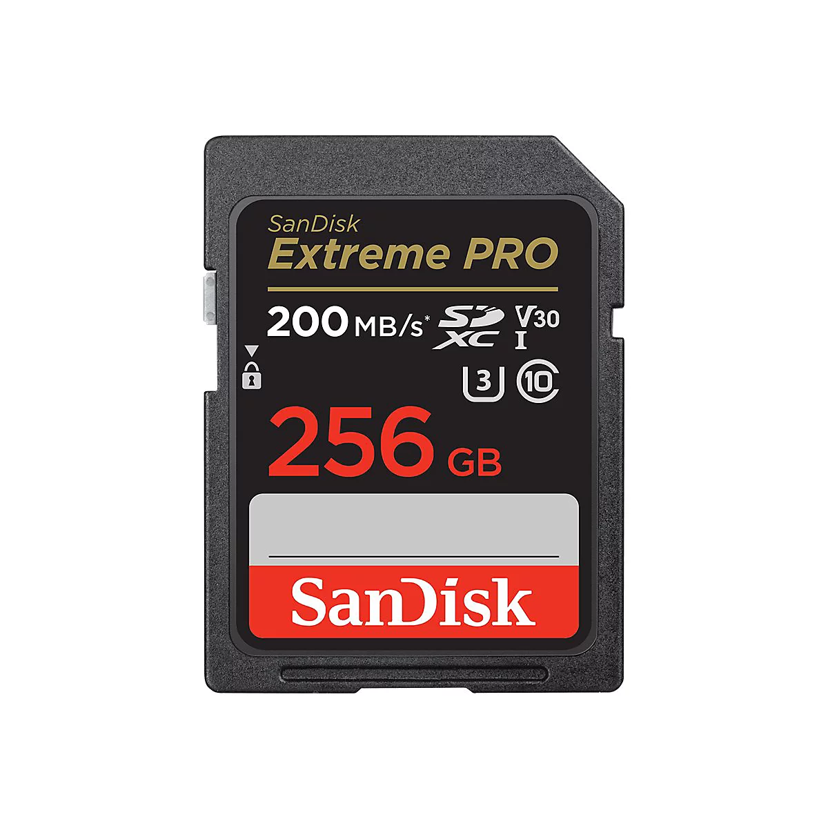 Schwarze Sandisk Extreme Pro SD-Karte. Aufschrift: 256 GB, 200 MB/s, V30. Roter Sandisk-Schriftzug unten.