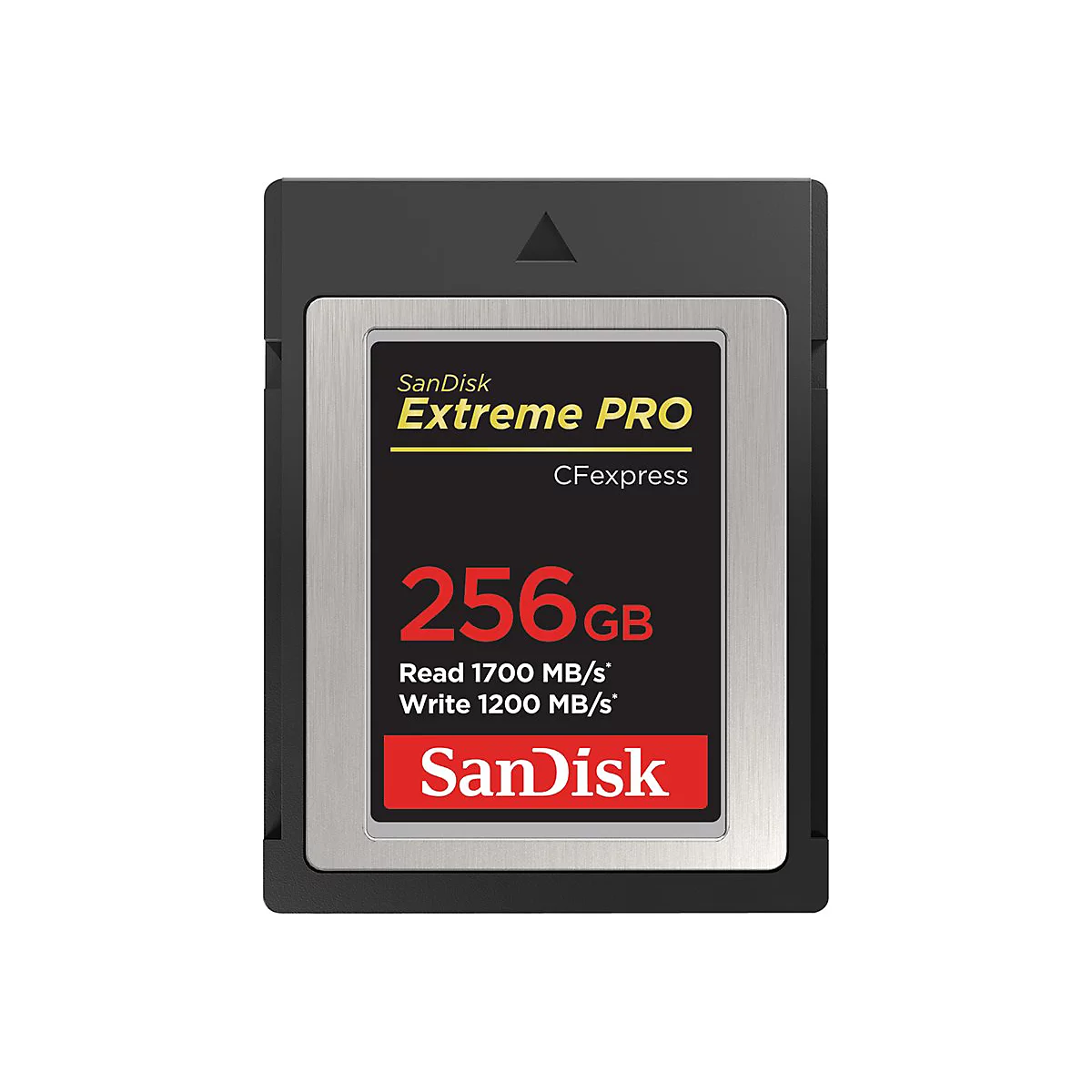 SanDisk Extreme Pro CFexpress Speicherkarte, 256 GB, schwarz-silber mit roter und gelber Schrift.