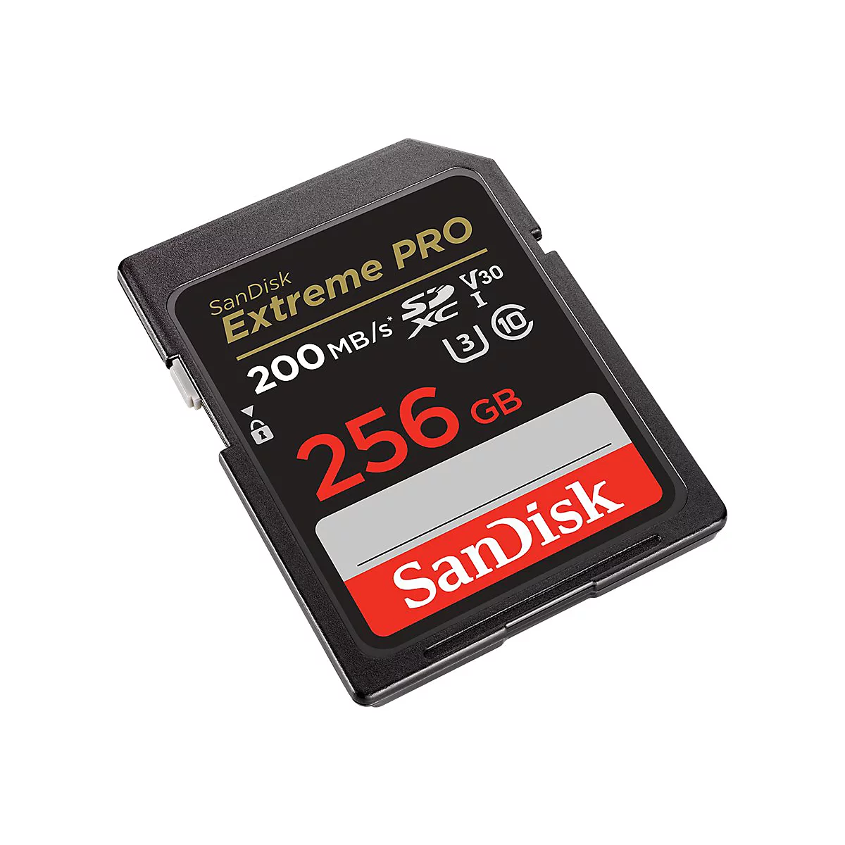 Schwarze Sandisk Extreme PRO SD-Karte. Beschriftung mit 256 GB, 200MB/s und Sandisk Logo in Rot.