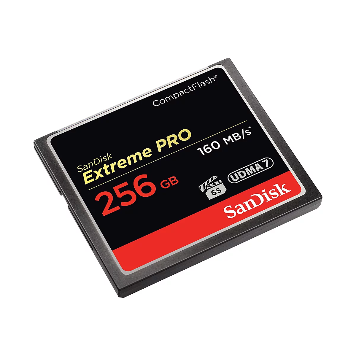 Eine schwarze CompactFlash-Karte mit roter und gelber Beschriftung. Aufgedruckt sind die Schriftzüge 'SanDisk Extreme PRO 256 GB' und '160 MB/s'.