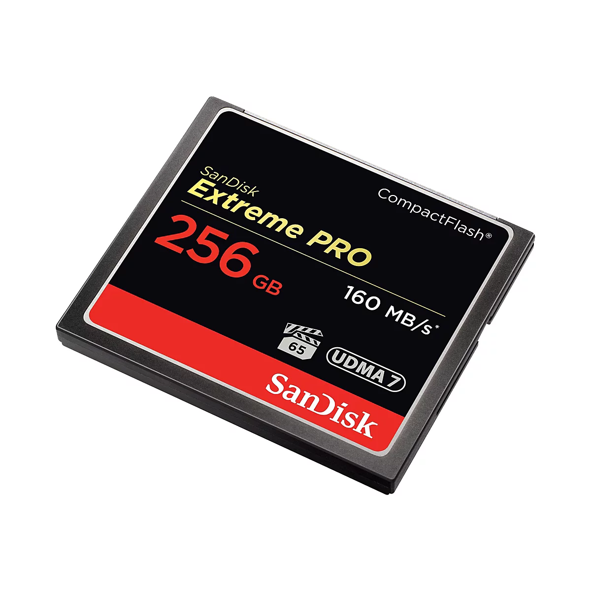 Nahaufnahme einer CompactFlash-Karte von SanDisk, schwarz, mit roter und gelber Schrift. Aufgedruckt sind "Extreme PRO", "256 GB" und "160 MB/s".