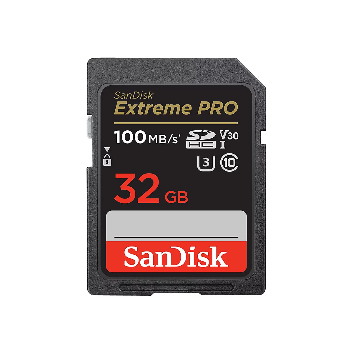 Schwarze Sandisk Extreme Pro SD-Karte. Beschriftung: 32 GB, 100 MB/s, V30, U3. Roter Sandisk-Schriftzug.