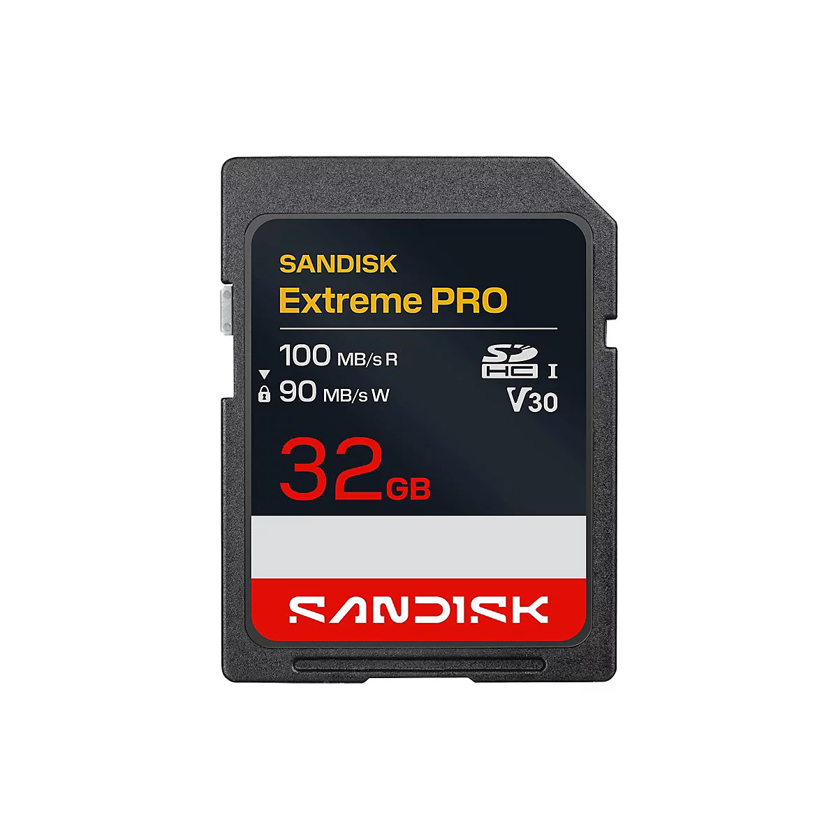 Schwarze Sandisk Extreme Pro SD-Karte mit gelber und weißer Beschriftung, rote 32GB.