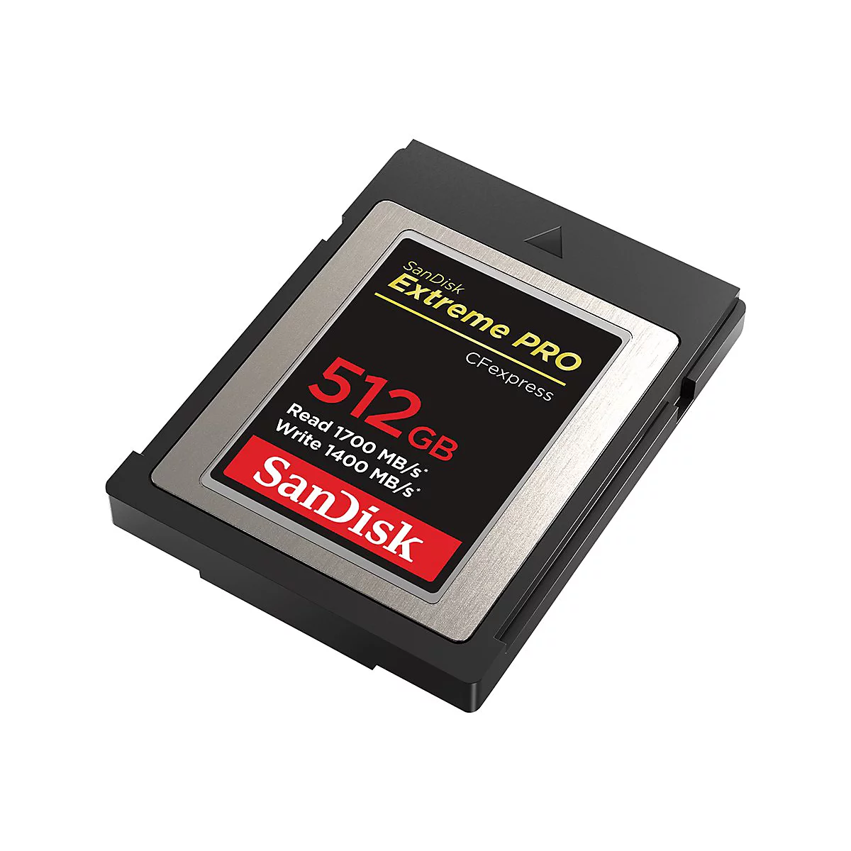 Schwarze CFexpress Speicherkarte mit silbernem Rand und roter und schwarzer Beschriftung. 512 GB, SanDisk Extreme PRO.