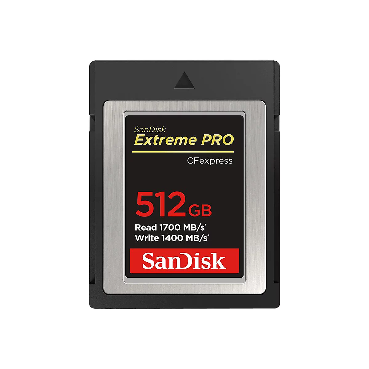 Schwarze CFexpress-Karte mit silberner Mitte, Schriftzug 'SanDisk Extreme PRO' und '512GB'.