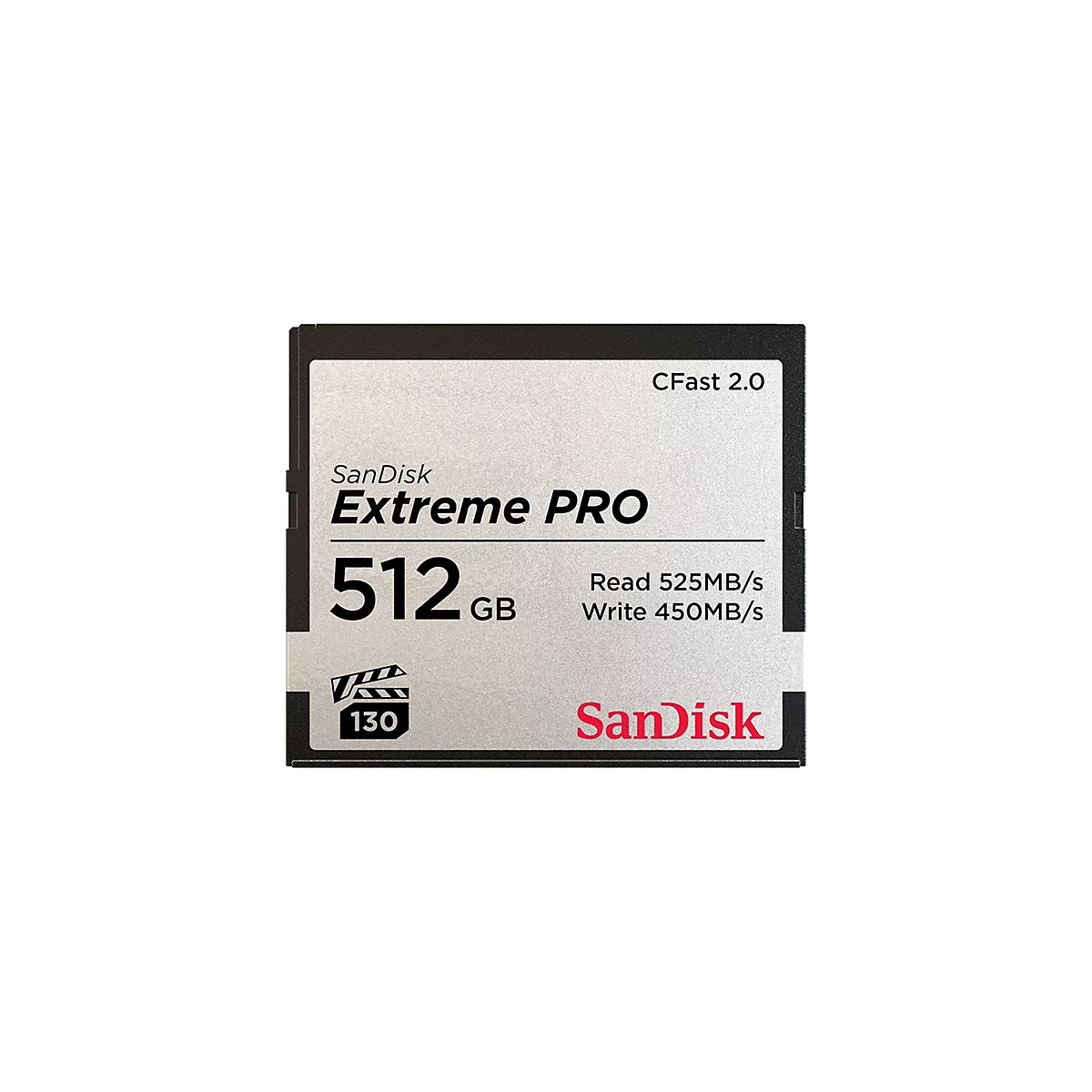 Eine CFast-Speicherkarte von SanDisk, Extreme PRO, 512 GB. Aufschrift: 525MB/s Lesen, 450MB/s Schreiben.