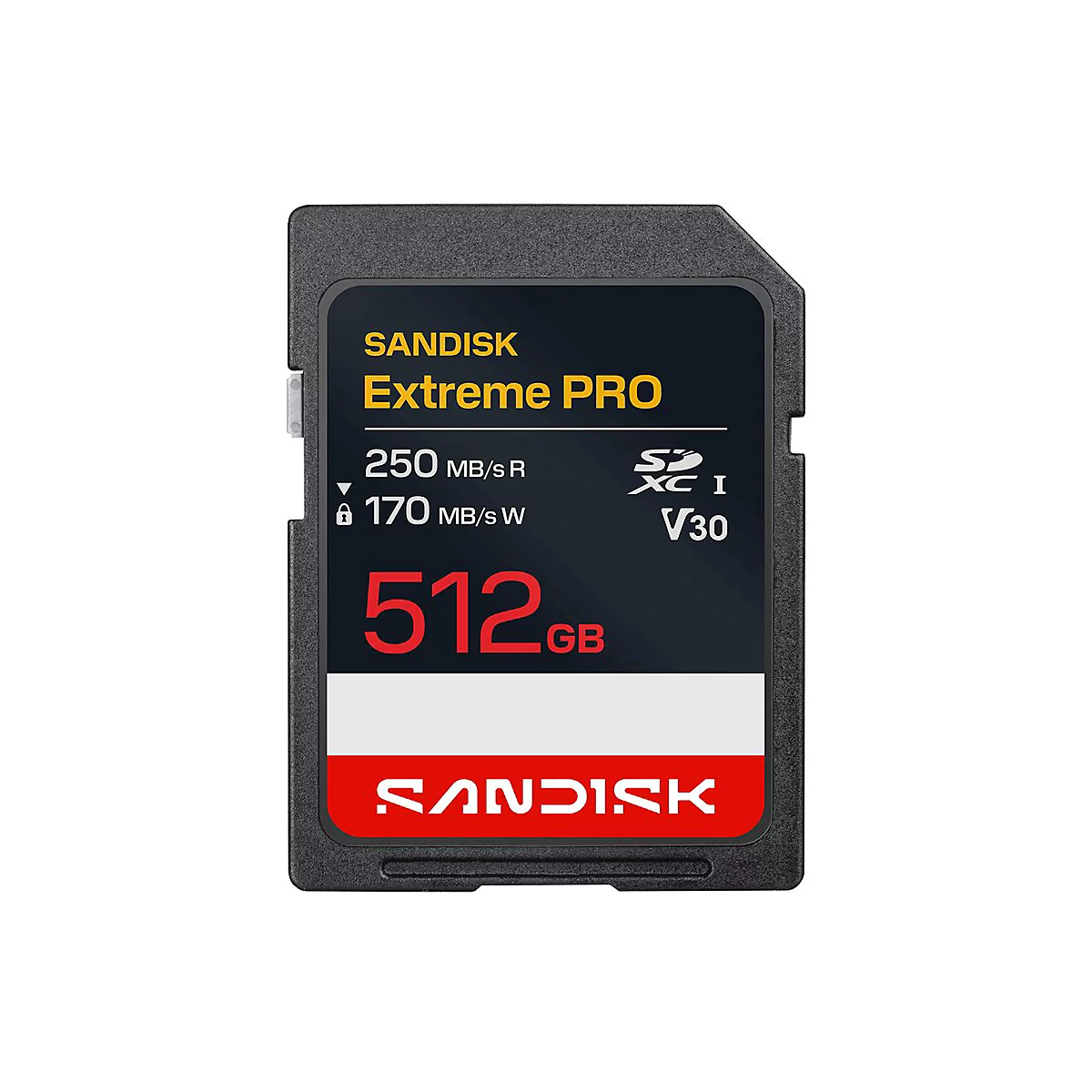 Schwarze Sandisk Extreme Pro SD-Karte, 512 GB. Aufdruck: Geschwindigkeit, Sandisk-Logo und Produktname.