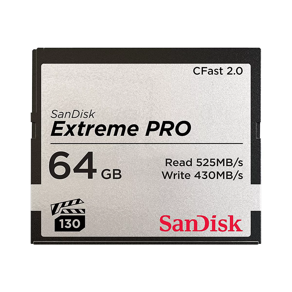 Eine schwarze SanDisk Extreme PRO CFast 2.0 Speicherkarte mit 64 GB SpeicherkapazitÃ¤t. Aufschrift: 525MB/s Lesen, 430MB/s Schreiben.