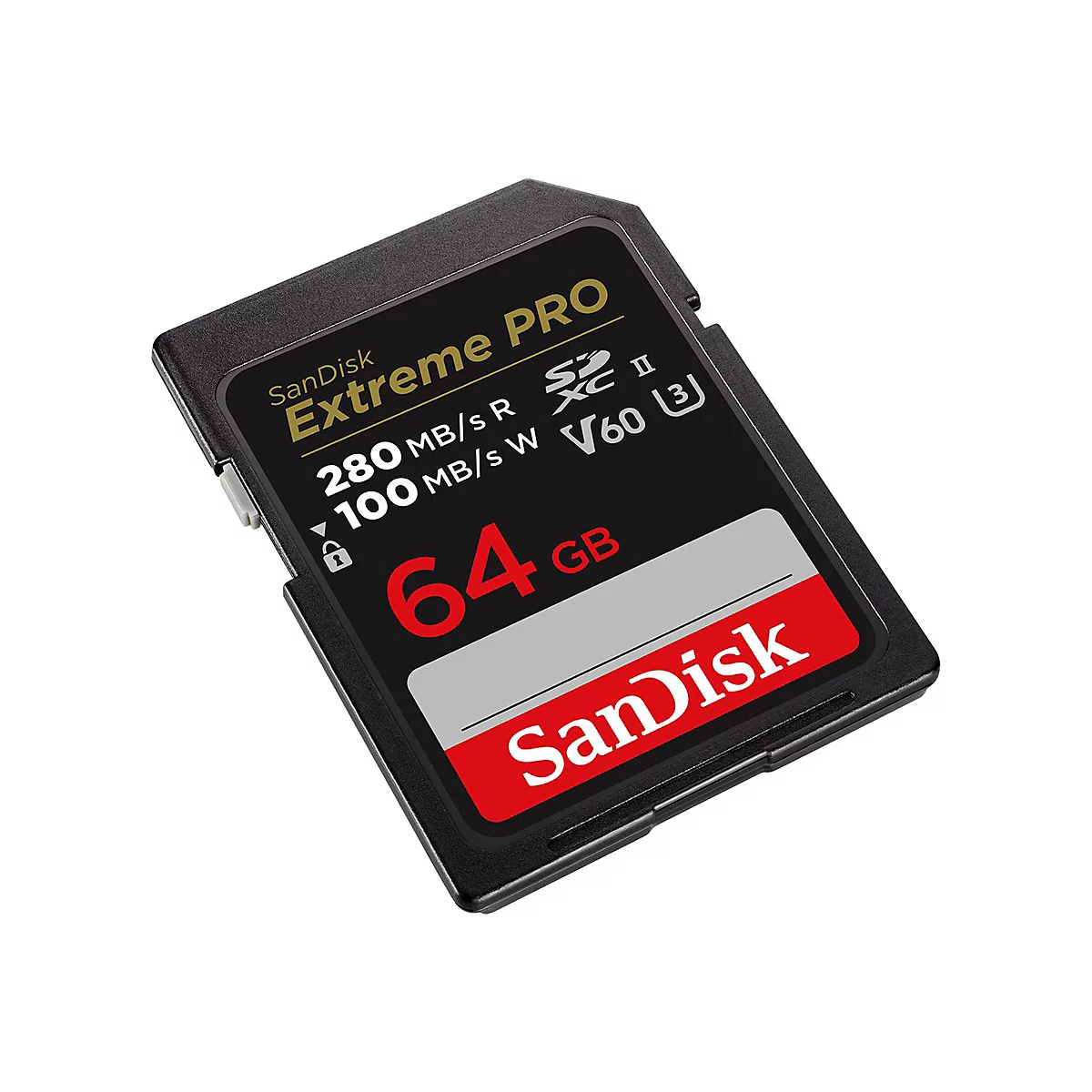 Schwarze Sandisk Extreme Pro SD-Karte. Beschriftung: 64 GB, 280 MB/s R, 100 MB/s W. Das Sandisk Logo ist rot.