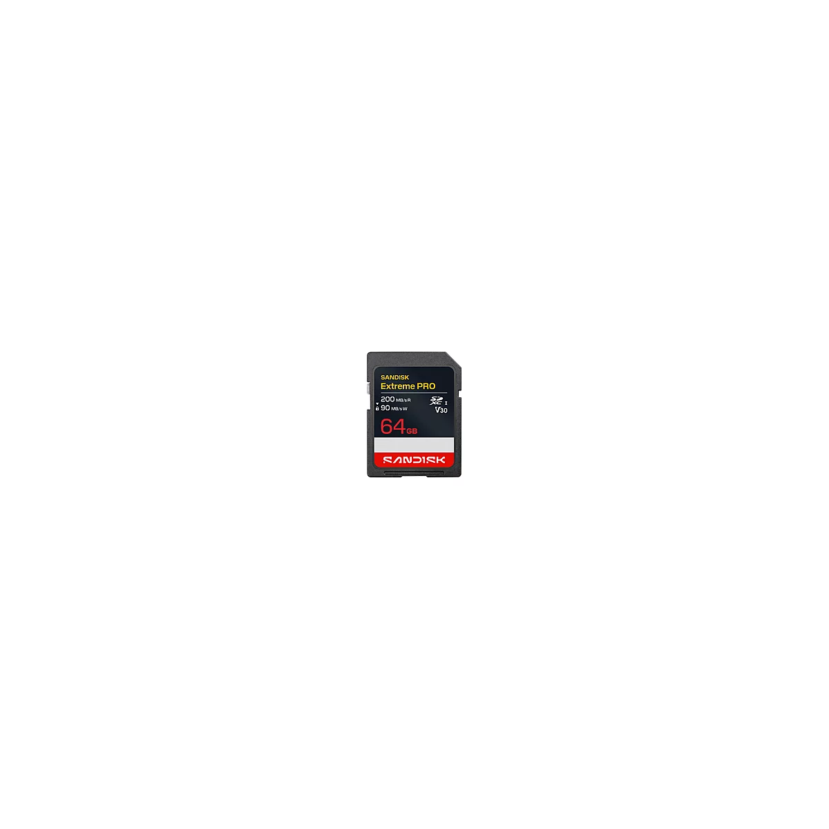 Schwarze Sandisk Extreme Pro SD-Karte. Beschriftung: 64GB, 200MB/s R, 90MB/s W.