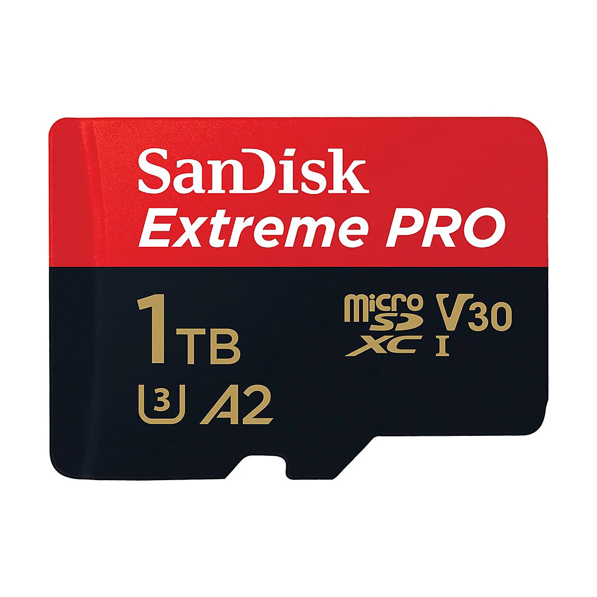 SD-Karte von Sandisk Extreme PRO. Schwarz, Rot und Weiß. Schriftzug: 1 TB, Micro V30, XC I, A2.