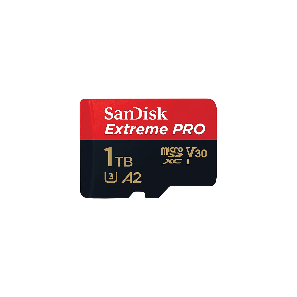 Nahaufnahme einer MicroSD-Karte von SanDisk Extreme PRO. Sie hat einen roten und einen schwarzen Bereich, mit weißem Text. Die Karte hat eine Kapazität von 1 TB.