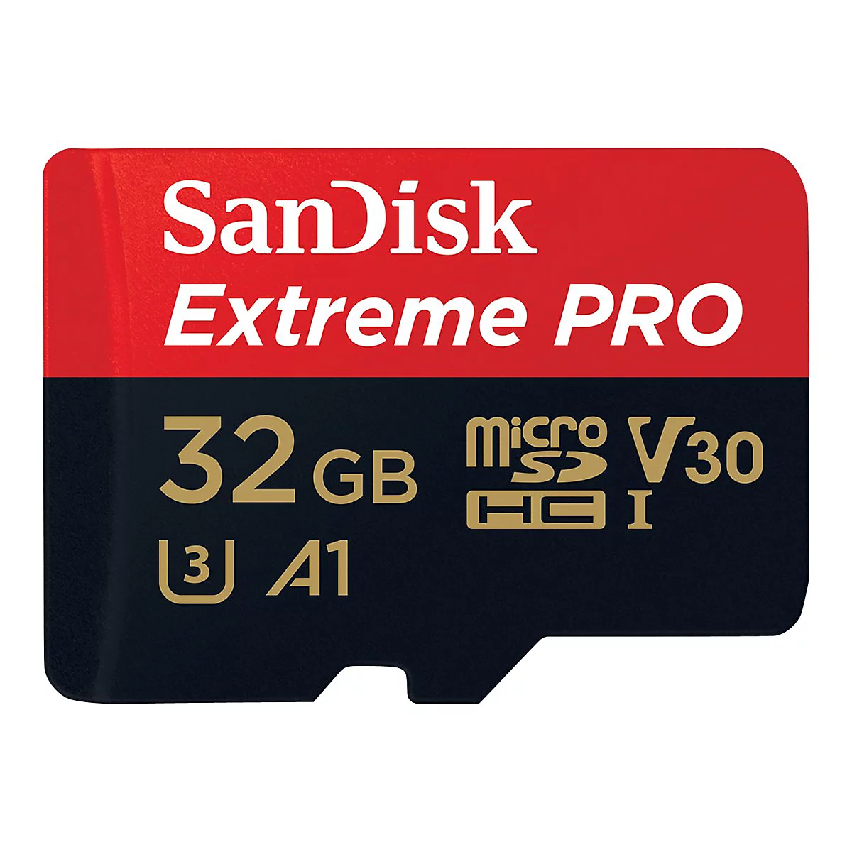 SanDisk Extreme Pro Speicherkarte, rot-schwarz, 32 GB. Schriftzug: Extreme Pro, 32 GB, microSD, V30, A1.